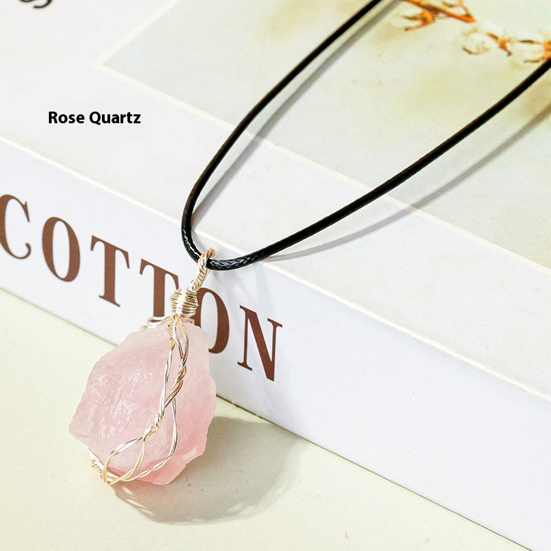 Natural amethyst raw stone wrapped silk pendant, mesh bag necklace