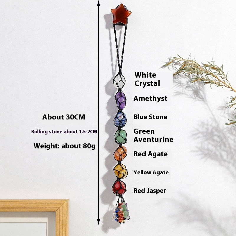 Handmade woven mesh bag with natural crystal, colorful crystal tassel pendant