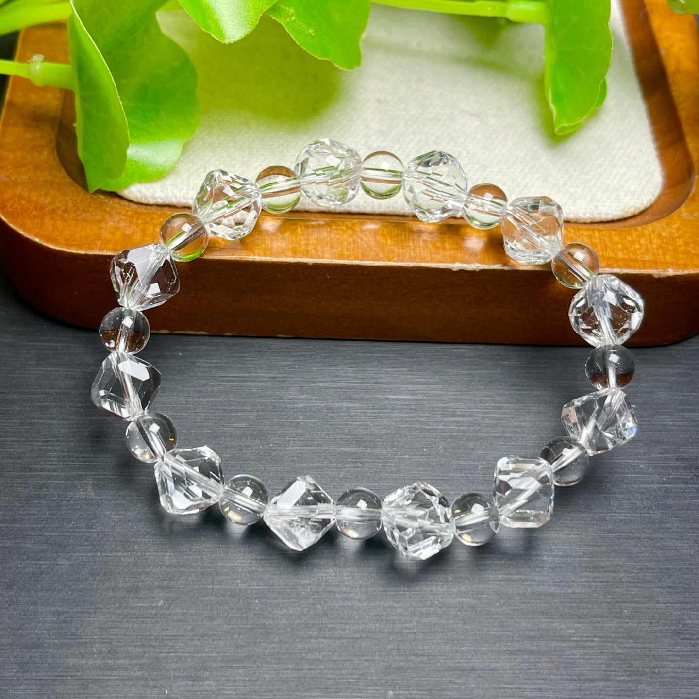 White Crystal Faceted Diagonal Sugar Cube Single Loop Bracelet