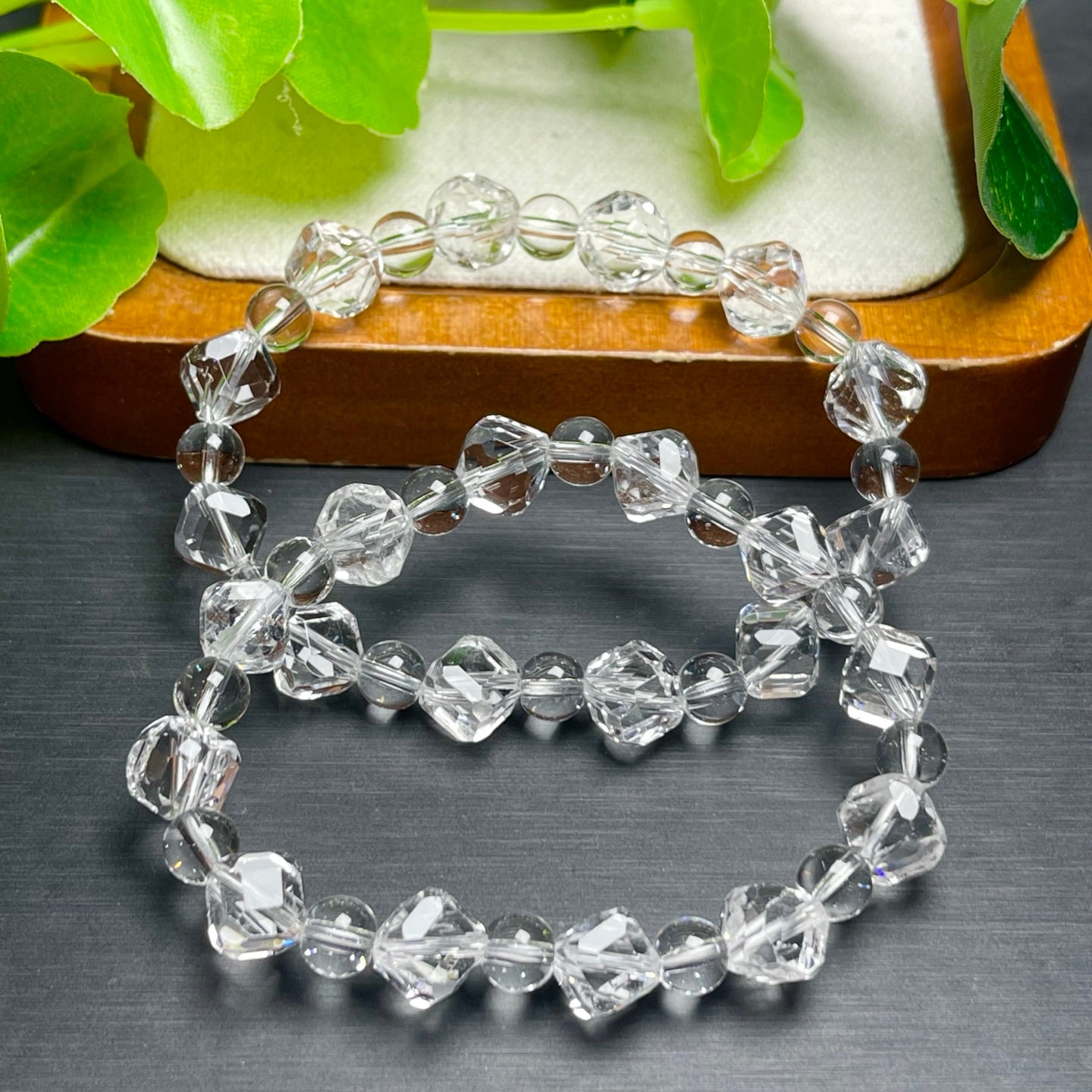 White Crystal Faceted Diagonal Sugar Cube Single Loop Bracelet