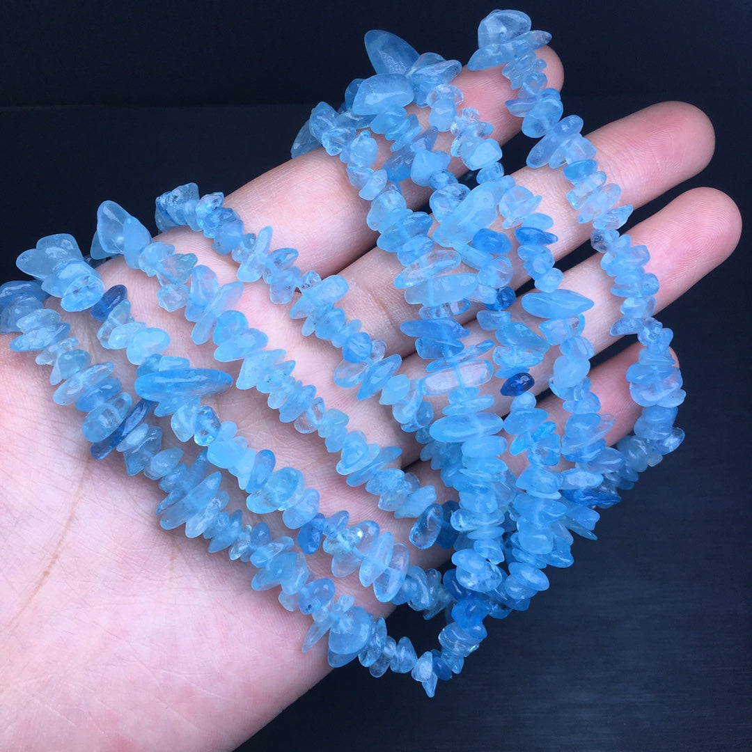 Aquamarine crushed stone long chain multi-circle bracelet