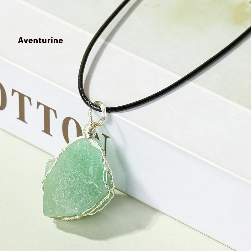 Natural amethyst raw stone wrapped silk pendant, mesh bag necklace