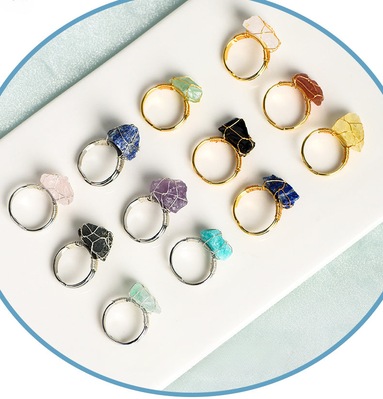 Natural stone living mouth ring irregular raw stone amethyst white crystal handmade winding adjustable ring
