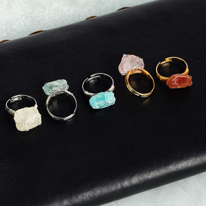 Natural stone living mouth ring irregular raw stone amethyst white crystal handmade winding adjustable ring