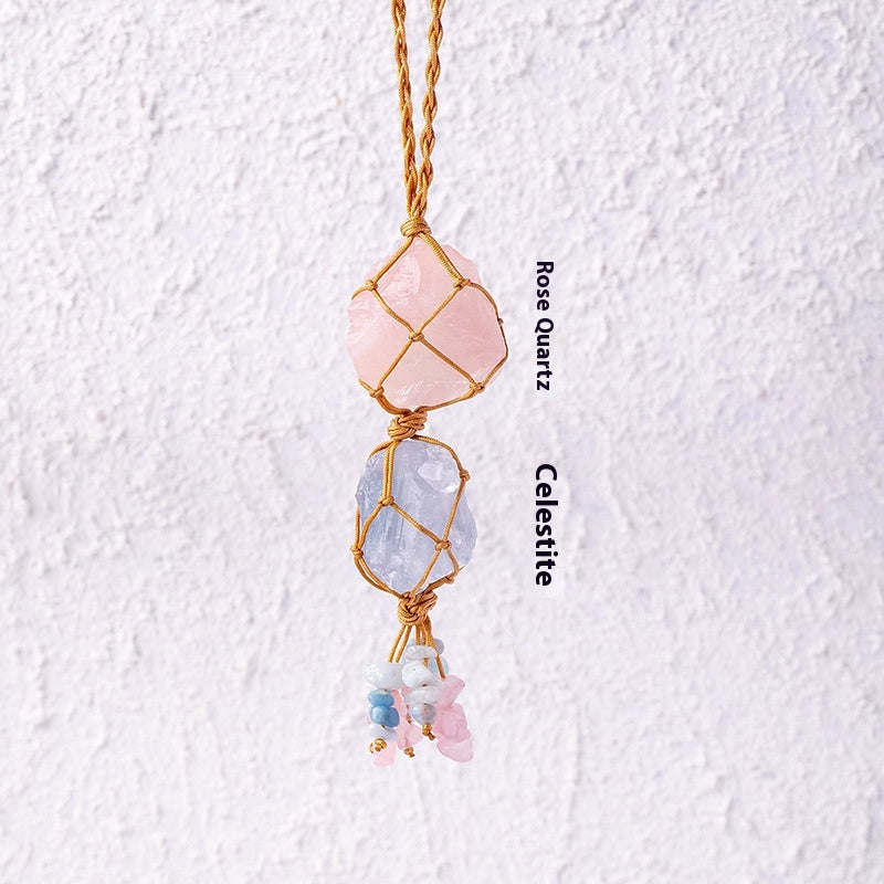 Natural raw stone mesh bag pendant, hand woven irregular amethyst and white crystal