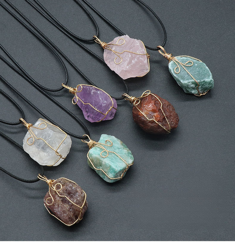 Yellow crystal original stone pendant, pink and white amethyst irregular stone necklace