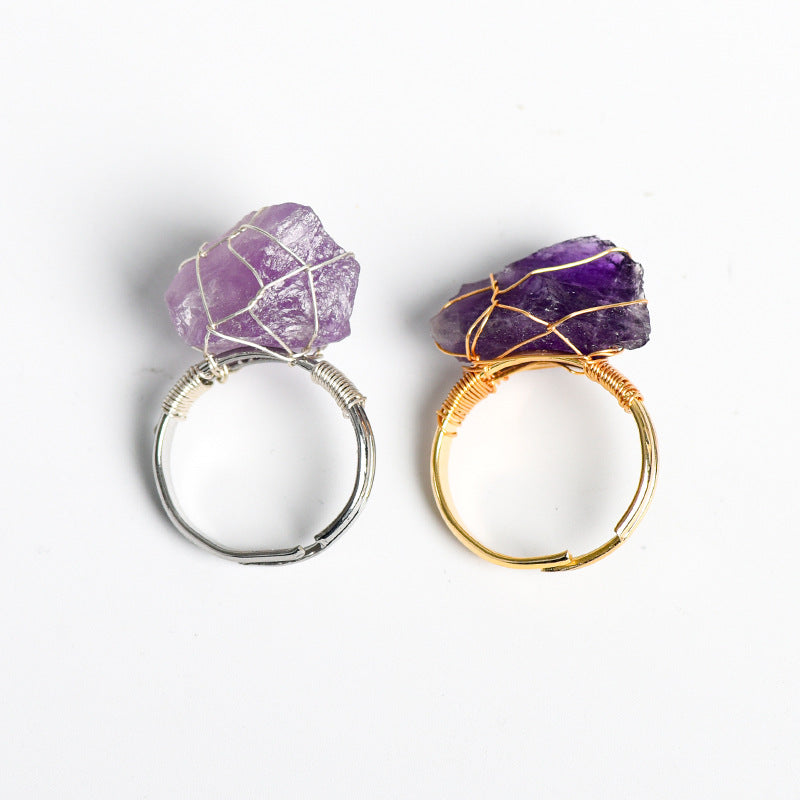 Natural stone living mouth ring irregular raw stone amethyst white crystal handmade winding adjustable ring