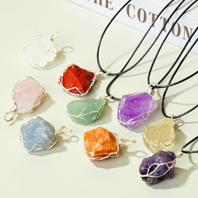 Natural amethyst raw stone wrapped silk pendant, mesh bag necklace