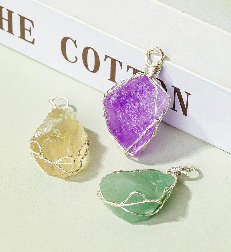Natural amethyst raw stone wrapped silk pendant, mesh bag necklace