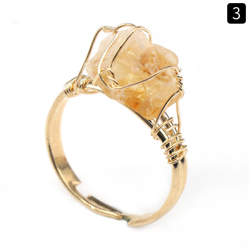 Natural amethyst raw stone wrapped silk ring, yellow crystal living ring
