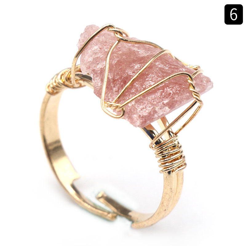 Natural amethyst raw stone wrapped silk ring, yellow crystal living ring