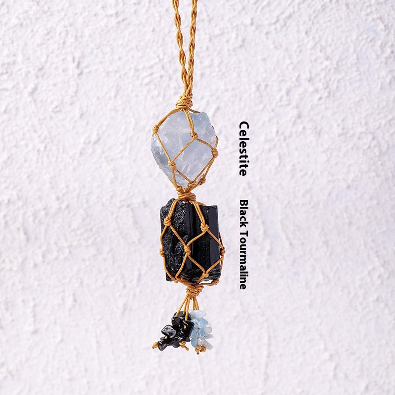 Natural raw stone mesh bag pendant, hand woven irregular amethyst and white crystal