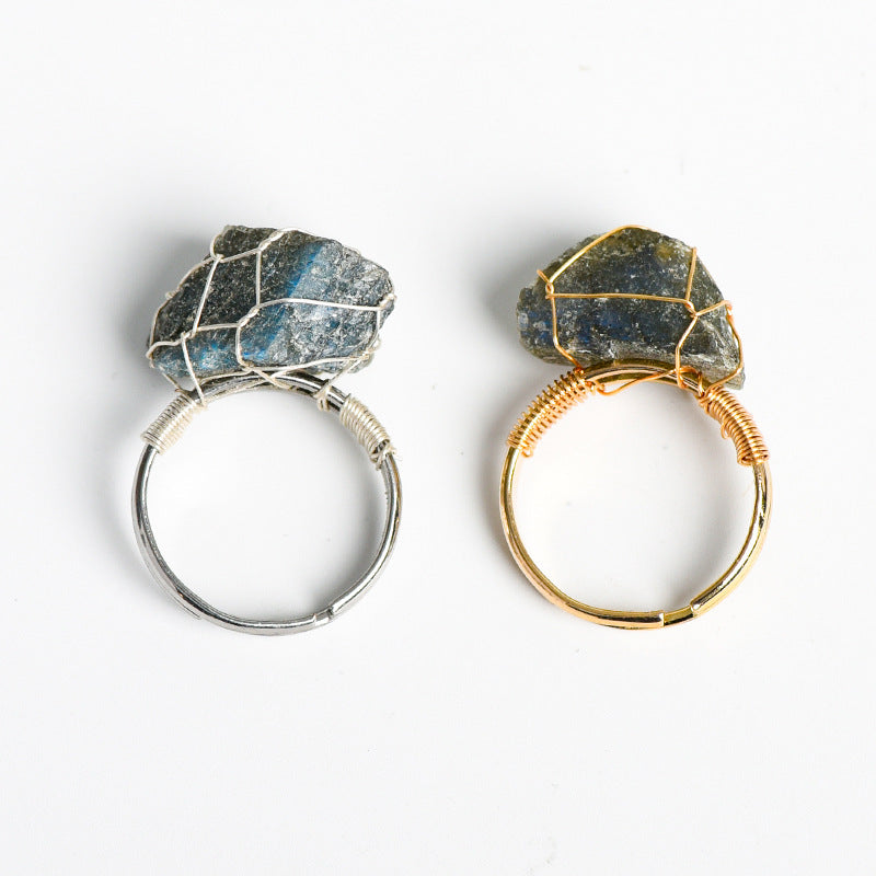 Natural stone living mouth ring irregular raw stone amethyst white crystal handmade winding adjustable ring
