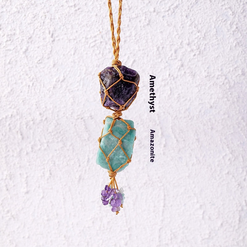 Natural raw stone mesh bag pendant, hand woven irregular amethyst and white crystal