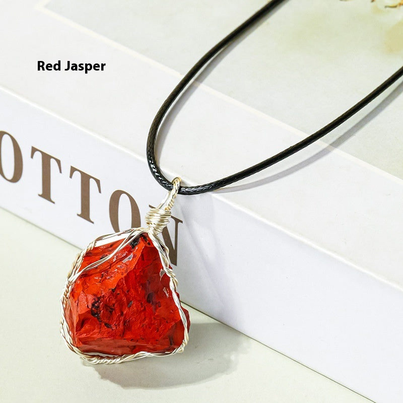 Natural amethyst raw stone wrapped silk pendant, mesh bag necklace