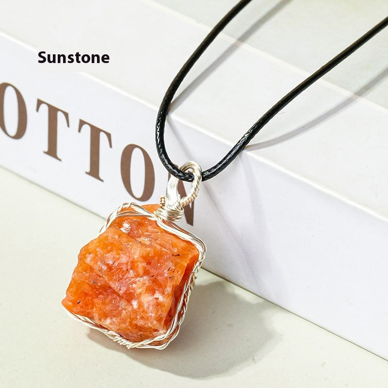Natural amethyst raw stone wrapped silk pendant, mesh bag necklace