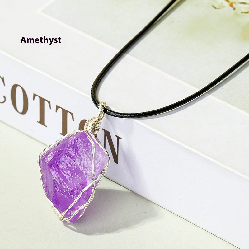 Natural amethyst raw stone wrapped silk pendant, mesh bag necklace