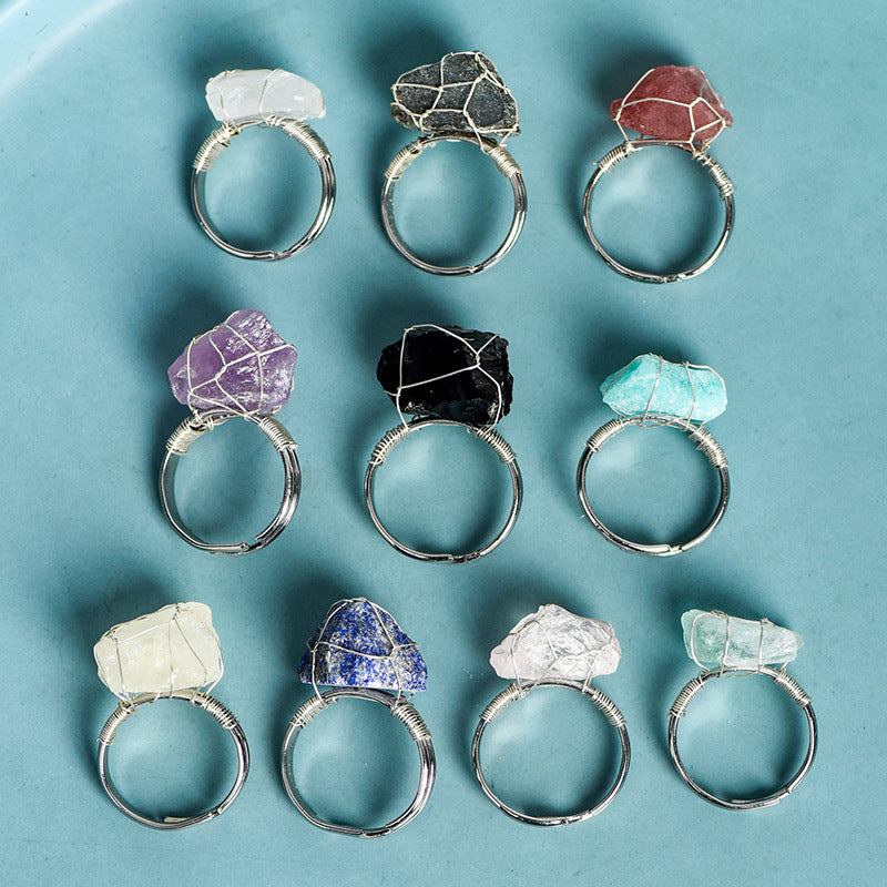 Natural stone living mouth ring irregular raw stone amethyst white crystal handmade winding adjustable ring