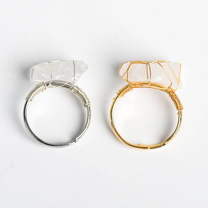 Natural stone living mouth ring irregular raw stone amethyst white crystal handmade winding adjustable ring