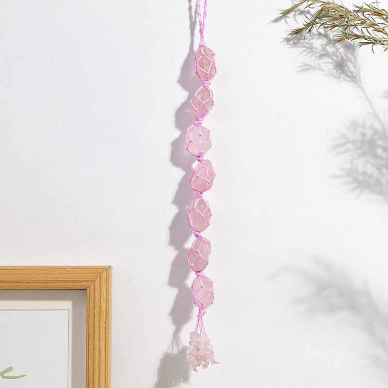 Handmade woven mesh bag with natural crystal, colorful crystal tassel pendant