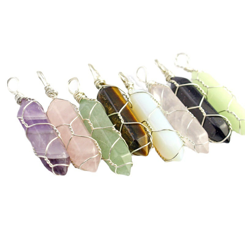 Hexagonal crystal pendant necklace/wire wrapped crystal pendant