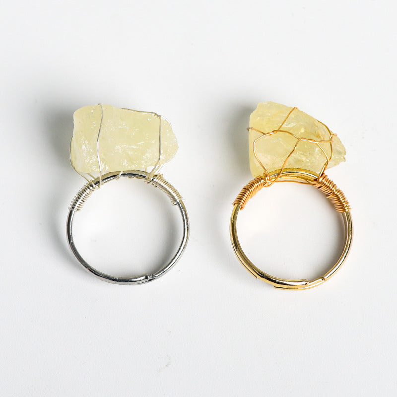 Natural stone living mouth ring irregular raw stone amethyst white crystal handmade winding adjustable ring