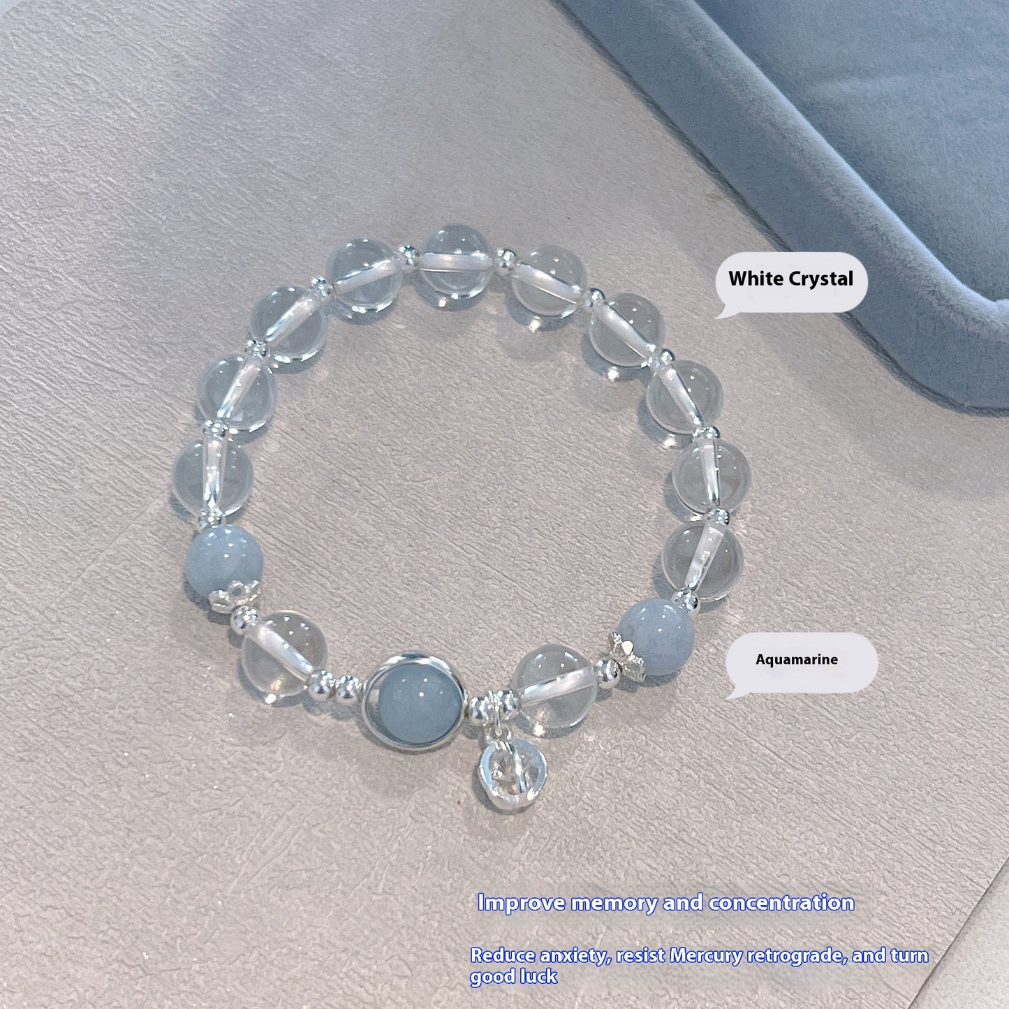 Transport bead bracelet with natural white crystal and blue crystal