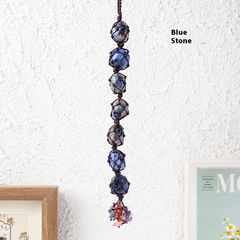 Handmade woven mesh bag with natural crystal, colorful crystal tassel pendant