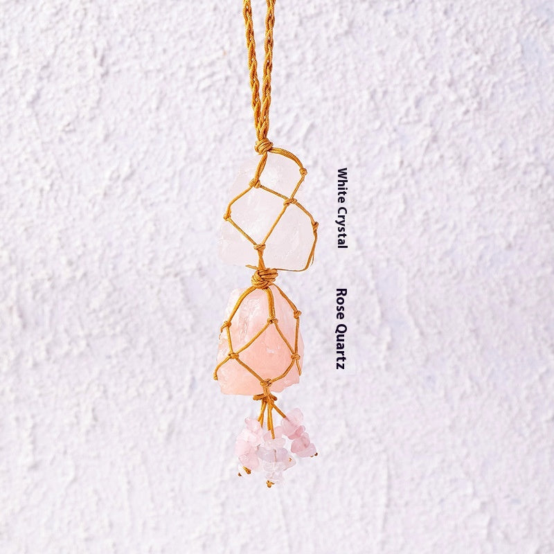 Natural raw stone mesh bag pendant, hand woven irregular amethyst and white crystal