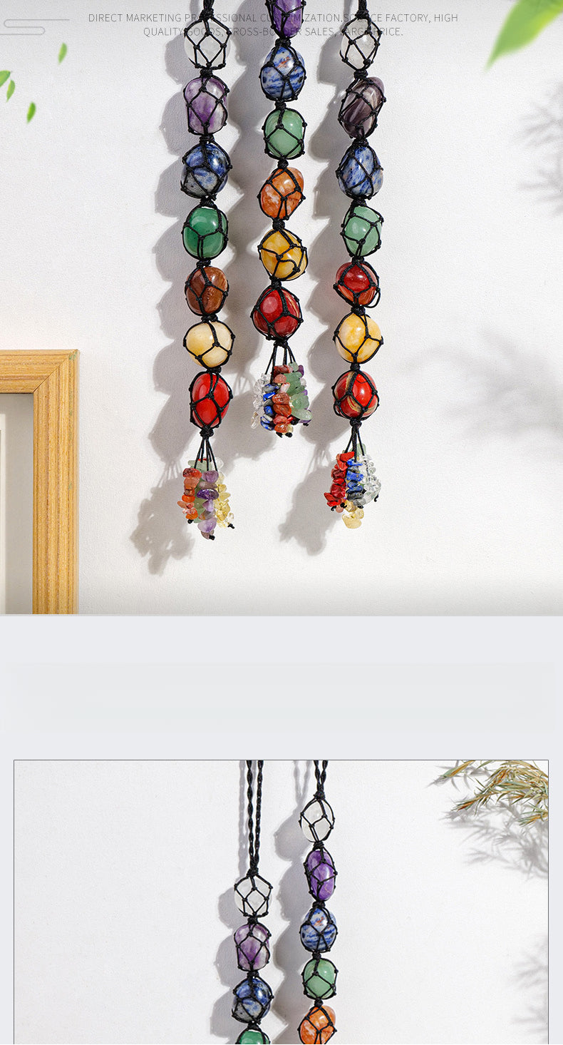 Handmade woven mesh bag with natural crystal, colorful crystal tassel pendant