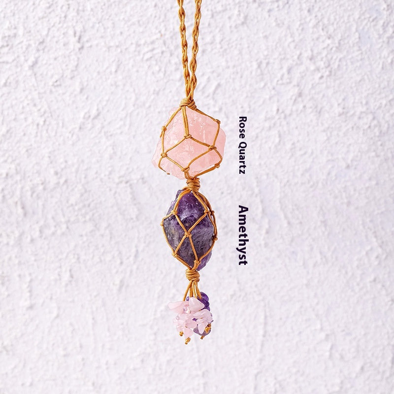 Natural raw stone mesh bag pendant, hand woven irregular amethyst and white crystal