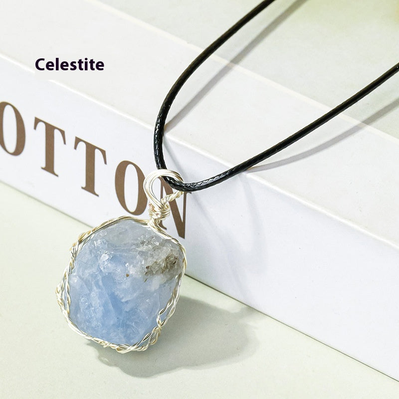 Natural amethyst raw stone wrapped silk pendant, mesh bag necklace