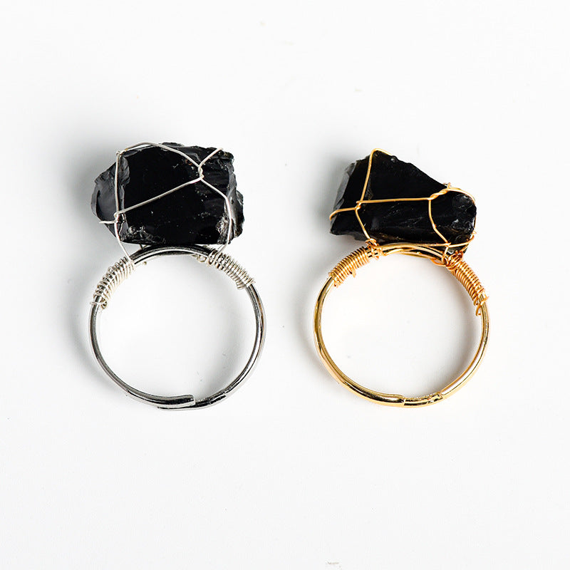 Natural stone living mouth ring irregular raw stone amethyst white crystal handmade winding adjustable ring