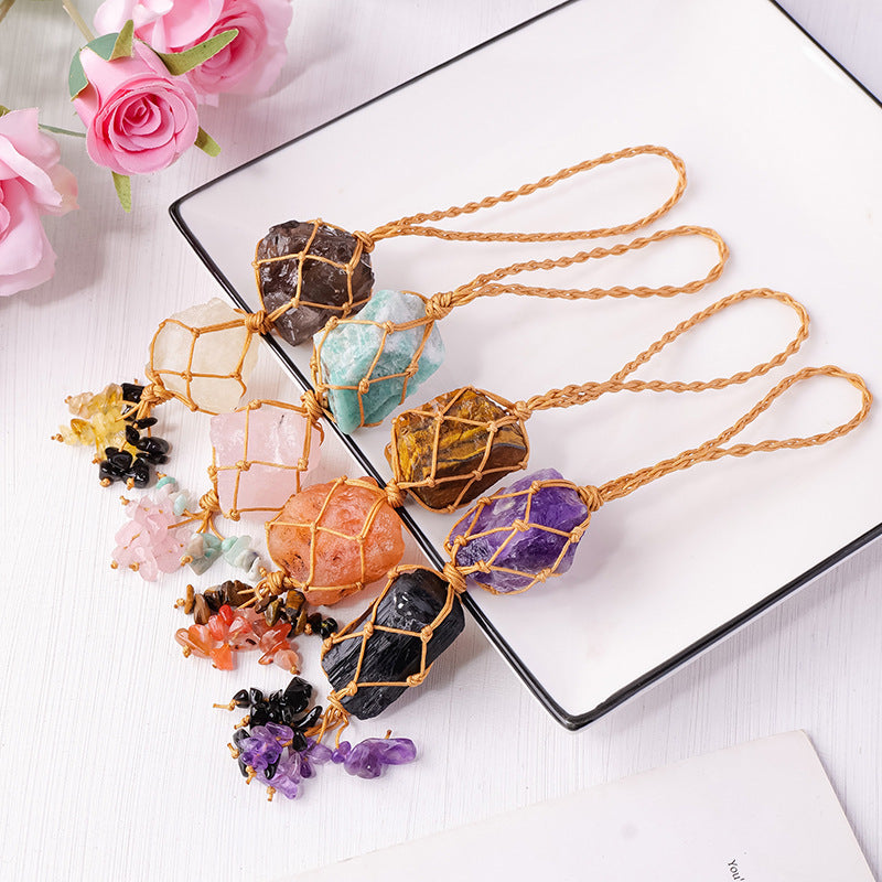 Natural raw stone mesh bag pendant, hand woven irregular amethyst and white crystal