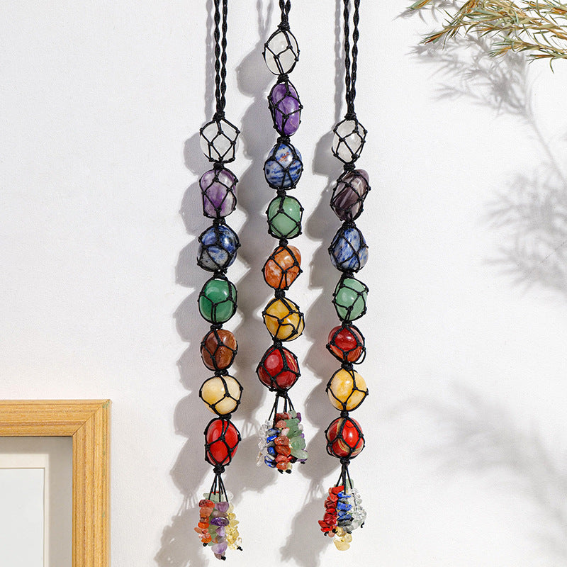 Handmade woven mesh bag with natural crystal, colorful crystal tassel pendant