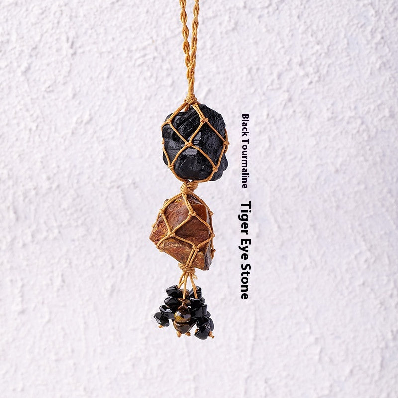 Natural raw stone mesh bag pendant, hand woven irregular amethyst and white crystal