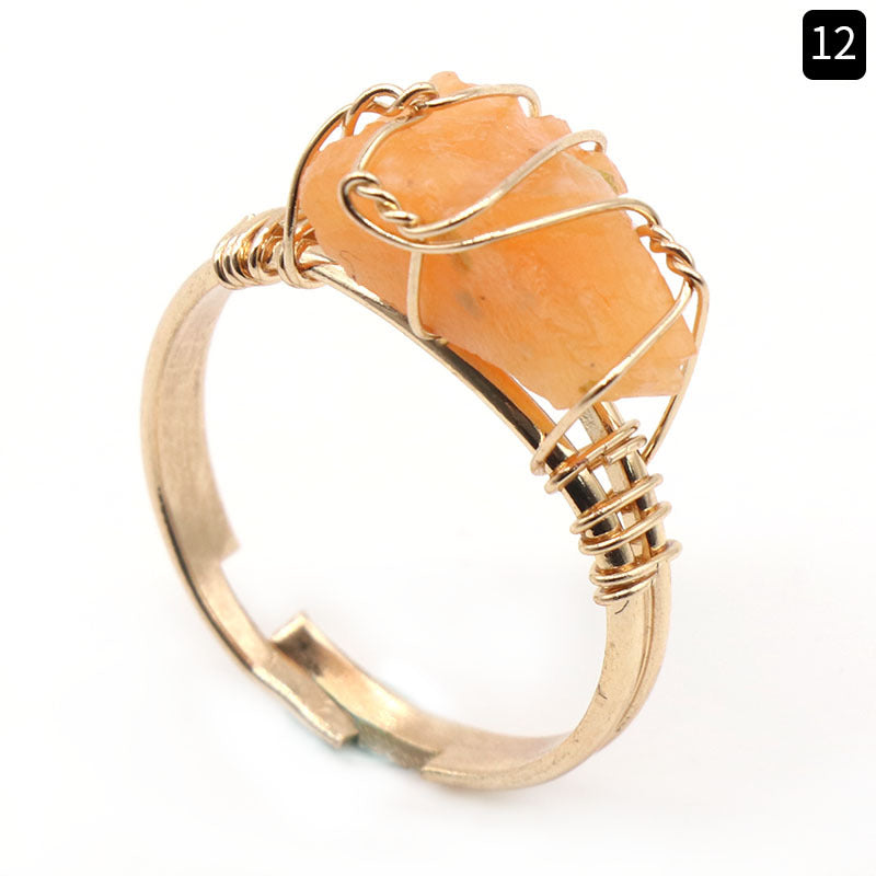 Natural amethyst raw stone wrapped silk ring, yellow crystal living ring