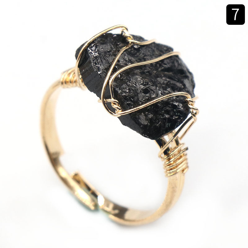Natural amethyst raw stone wrapped silk ring, yellow crystal living ring