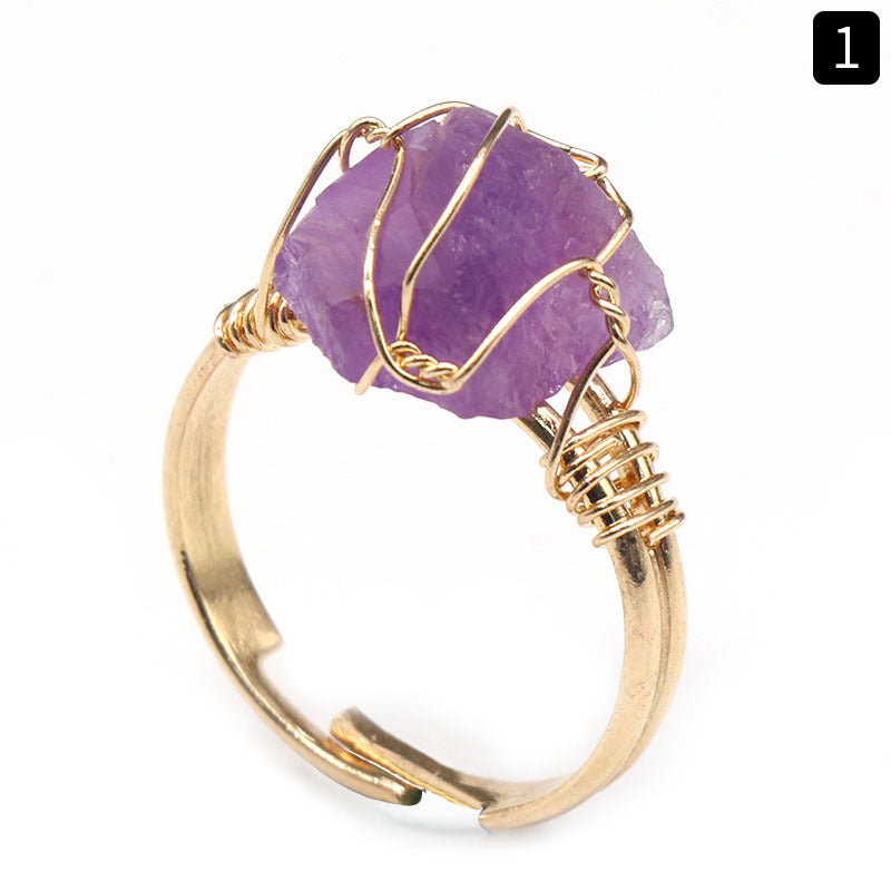 Natural amethyst raw stone wrapped silk ring, yellow crystal living ring
