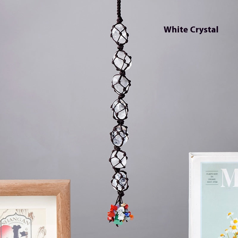 Handmade woven mesh bag with natural crystal, colorful crystal tassel pendant