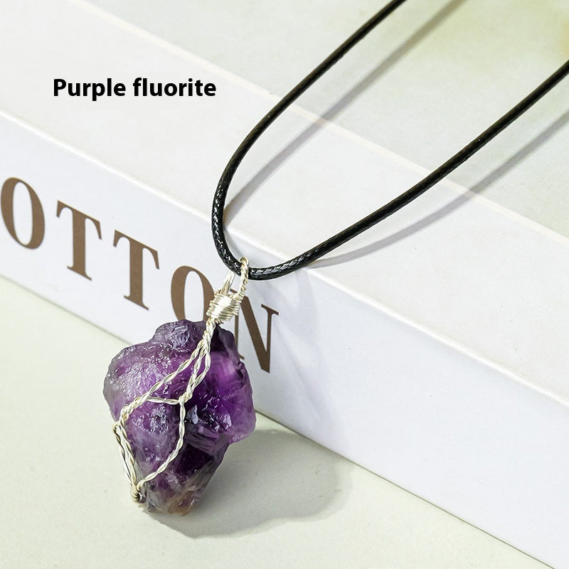 Natural amethyst raw stone wrapped silk pendant, mesh bag necklace