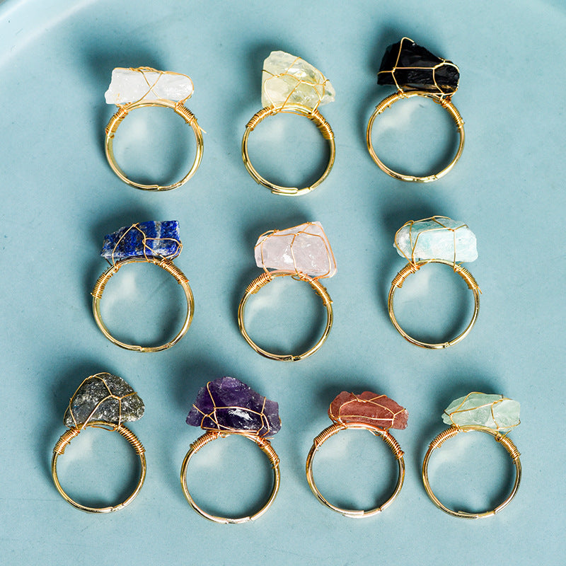 Natural stone living mouth ring irregular raw stone amethyst white crystal handmade winding adjustable ring