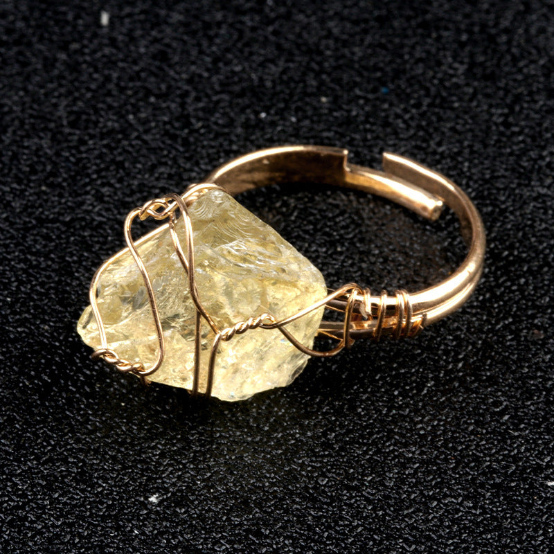 Natural amethyst raw stone wrapped silk ring, yellow crystal living ring
