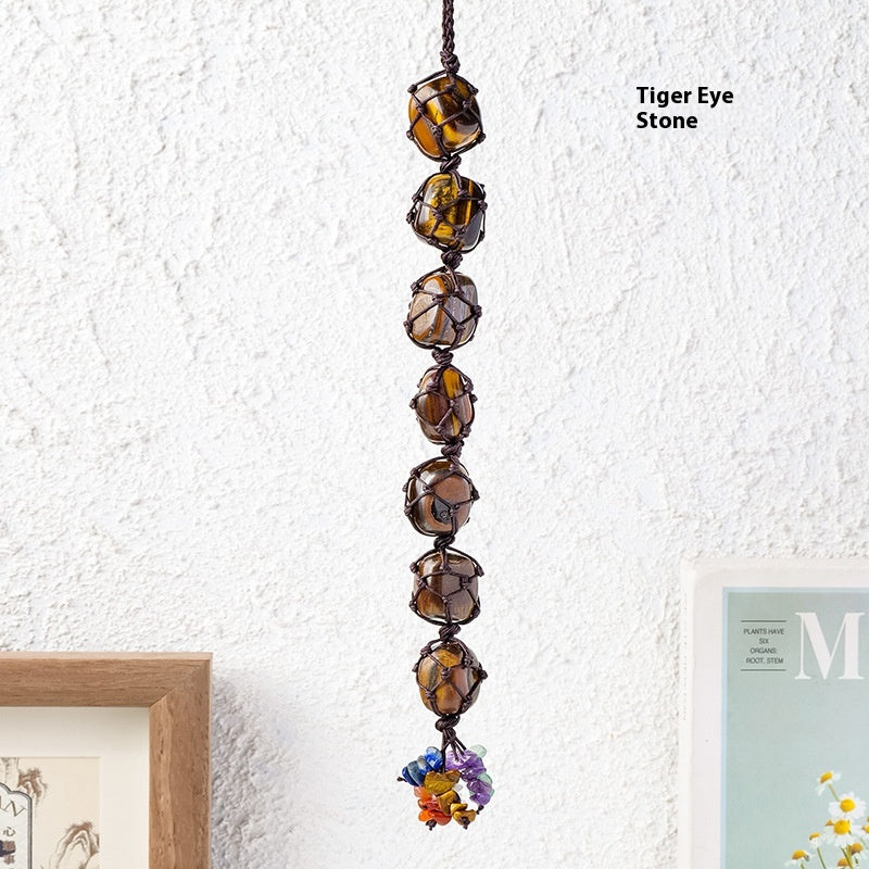 Handmade woven mesh bag with natural crystal, colorful crystal tassel pendant