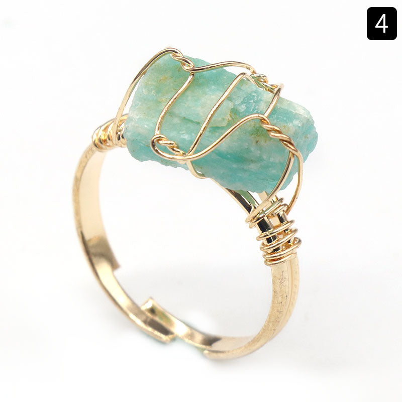 Natural amethyst raw stone wrapped silk ring, yellow crystal living ring