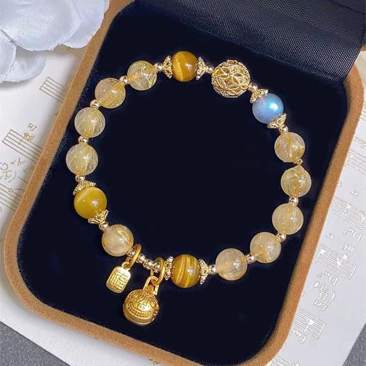Swallowing Gold Beast Hand Bracelet with Yellow Crystal Five Elements Gold Supplement Bracelet