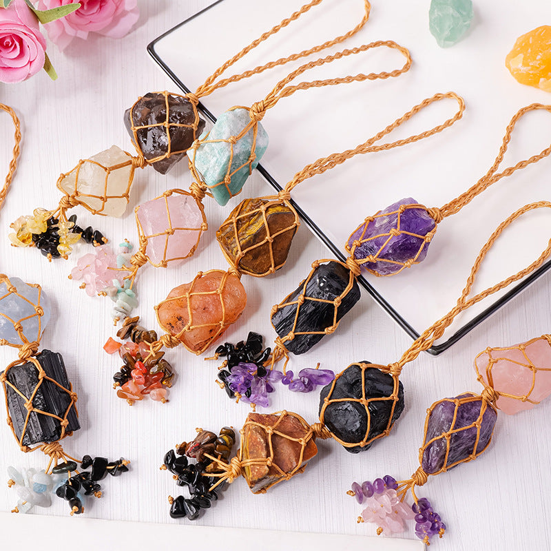 Natural raw stone mesh bag pendant, hand woven irregular amethyst and white crystal