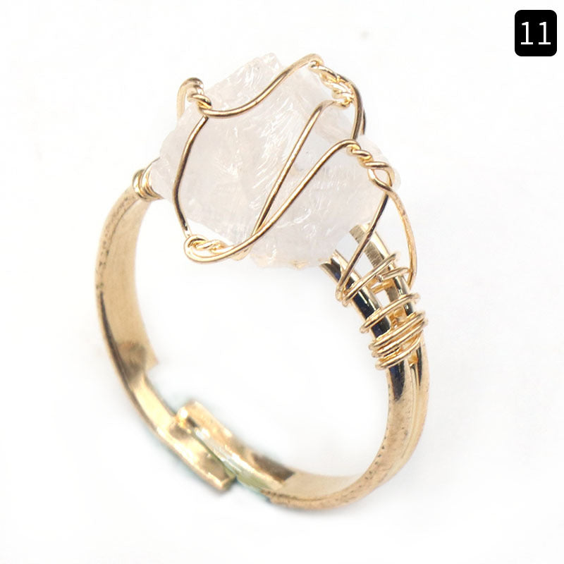 Natural amethyst raw stone wrapped silk ring, yellow crystal living ring