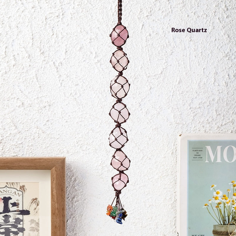 Handmade woven mesh bag with natural crystal, colorful crystal tassel pendant