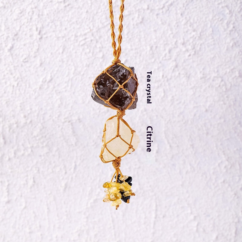 Natural raw stone mesh bag pendant, hand woven irregular amethyst and white crystal